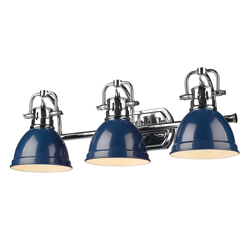 Golden Lighting 3602-BA3 CH-NVY Duncan CH 3 Light Bath Vanity in Chrome with Navy Blue Shade Shade